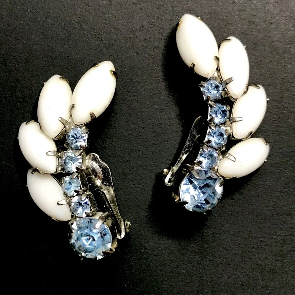 Vintage Earrings Milk Glass Rhinestone Ear Climber